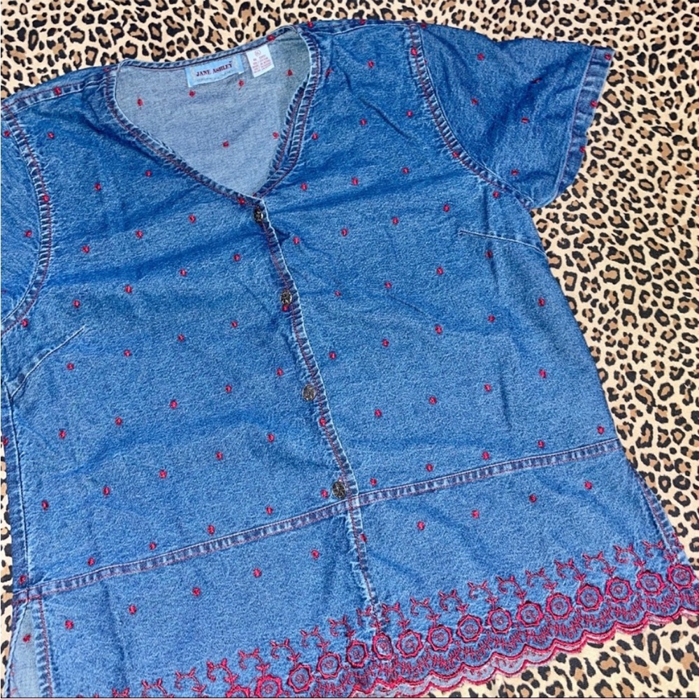 Vintage Jean Blouse Jane Ashley XL Scalloped Hem Embroidered Dark Wash Top Short